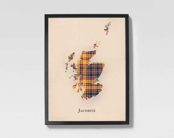 Clan Jacobite Schottenkaro Landkarte | Jacobite of Scotland Familien-Wanddekor, fertig zum Aufhängen