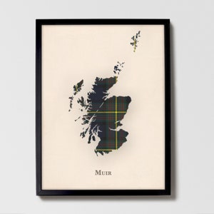 Clan Muir Schottenkaro Landkarte | Muir of Scotland Familie Wanddekor, fertig zum Aufhängen, Leinwand, gerahmt, Karte