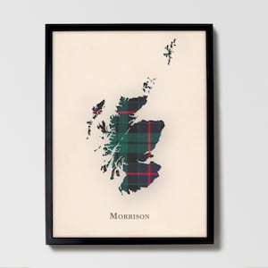 Clan Morrison Tartan Landkarte, Grün | Morrison Green of Scotland Familie Wanddekor, fertig zum Aufhängen, Leinwand, gerahmt, Karte