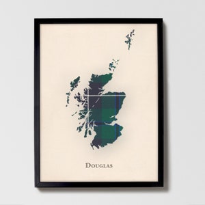 Clan Douglas Schottenkaro Landkarte | Douglas of Scotland Familie Wanddekor, fertig zum Aufhängen, Leinwand, gerahmt, Karte
