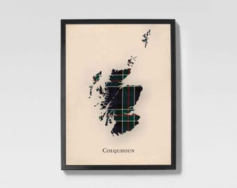 Clan Colquhoun Scottish Tartan Map | Colquhoun of Scotland Family Wall Decor, Ready to Hang