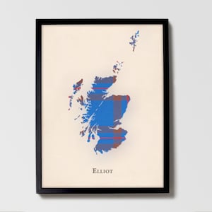 Clan Elliot Schottische Tartan Landkarte | Elliot of Scotland Familie Wanddekor, fertig zum Aufhängen, Leinwand, gerahmt, Karte