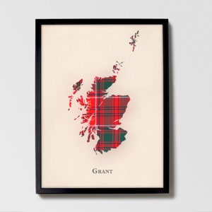 Clan Grant Schottenkaro Landkarte | Grant of Scotland Familien-Wanddekor, fertig zum Aufhängen, Leinwand, gerahmt, Karte