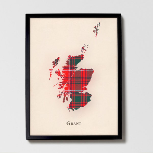 Carte en tartan écossais du clan Grant | Décoration murale Grant, prête à accrocher, toile, encadrée, carte conçue en Écosse