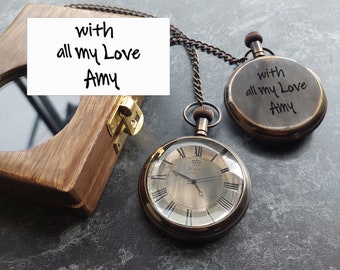 Personalized Pocket Watch with Wooden Box - Custom Engraved Monogram