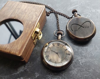 Personalized Pocket Watch with Wooden Box / Engraved Monogram Gift