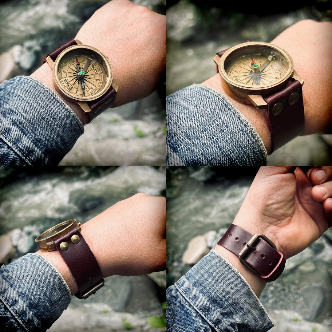 Opera Compass Watch Personalized Brass Compass Watch - Engraved Leather Strap, Adventure ...