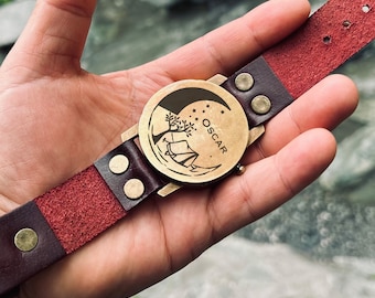 Personalized Brass Compass Watch - Leather Strap, Engraved Gift