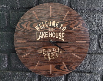 Personalized Wooden Wall Clock - Engraved Family Name & Photo