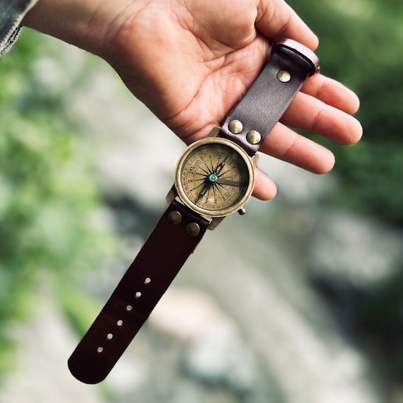 Personalised Wrist Compass Watch with Leather Strap, Anniversary gift for Husband