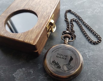 Personalized Pocket Watch with Monogram - Engraved Wooden Box Set