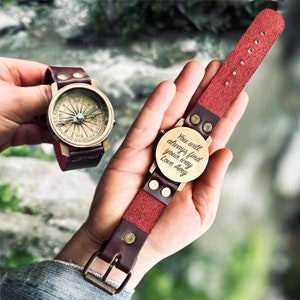Gepersonaliseerde kompashorloge / aangepast polskompashorloge met leren band / cadeau voor avonturen / cadeau voor hem / vaderdagcadeau