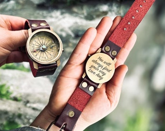 Personalised Wrist Compass Watch with Leather Strap / Gift For Adventures, Him, Mens, Boyfriend