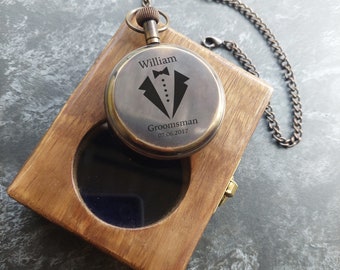 Engraved Pocket Watch with Wooden Gift Box - Custom Groomsmen Gift