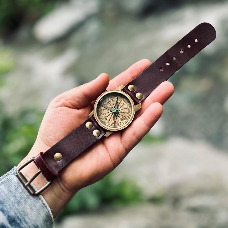 Personalized Brass Compass Watch - Engraved Leather Strap, Gift for ...