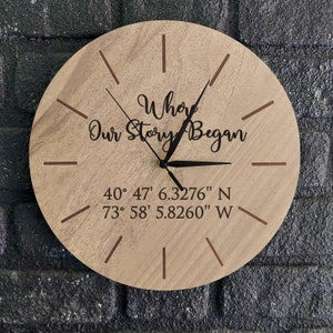 May include: A wooden clock with the text "Where Our Story Began" and coordinates "40° 47' 6.3276" N 73° 58' 5.8260" W" engraved on the face.