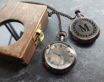 Personalized Pocket Watch with Wooden Box - Engraved Monogram Gift