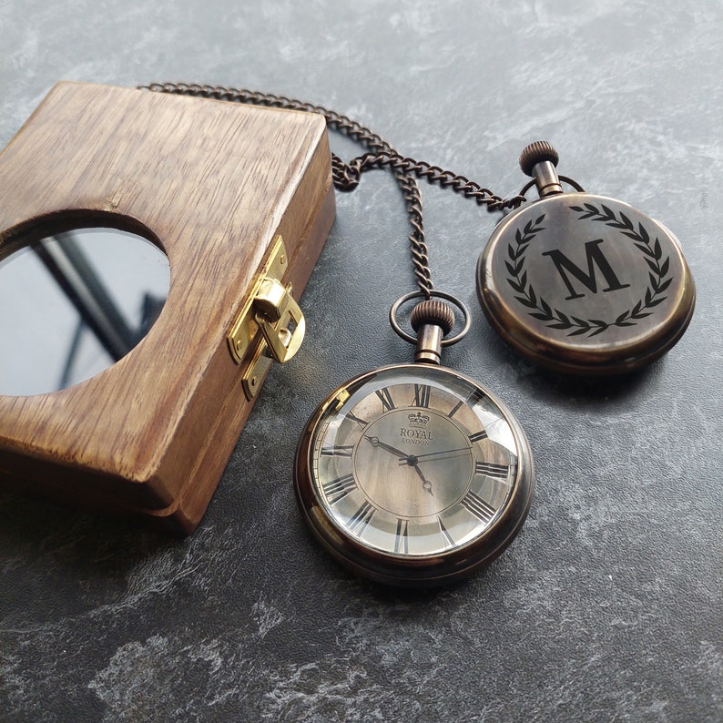 PERSONALIZED Men Gift, Pocket Watch, Husband gift, Custom Monogram, Pocket Watch With Wooden Box, Anniversary Gift,