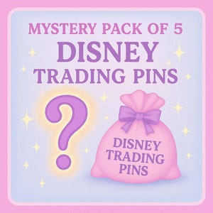 May include: A pink and blue graphic with the text "MYSTERY PACK OF 5 DISNEY TRADING PINS." It features a large purple question mark and a pink bag tied with a purple bow, also labeled "DISNEY TRADING PINS."