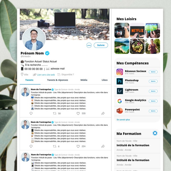 Modèle de CV professionnel, Lettre de motivation Template CV professionnel, CV Community Manager Twitter