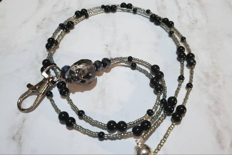 Black and hematite skull beaded Beakaway Lanyard Necklace for ID Work Badge 35