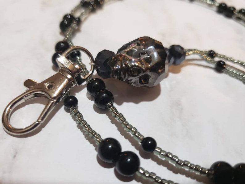 Black and hematite skull beaded Beakaway Lanyard Necklace for ID Work Badge 35