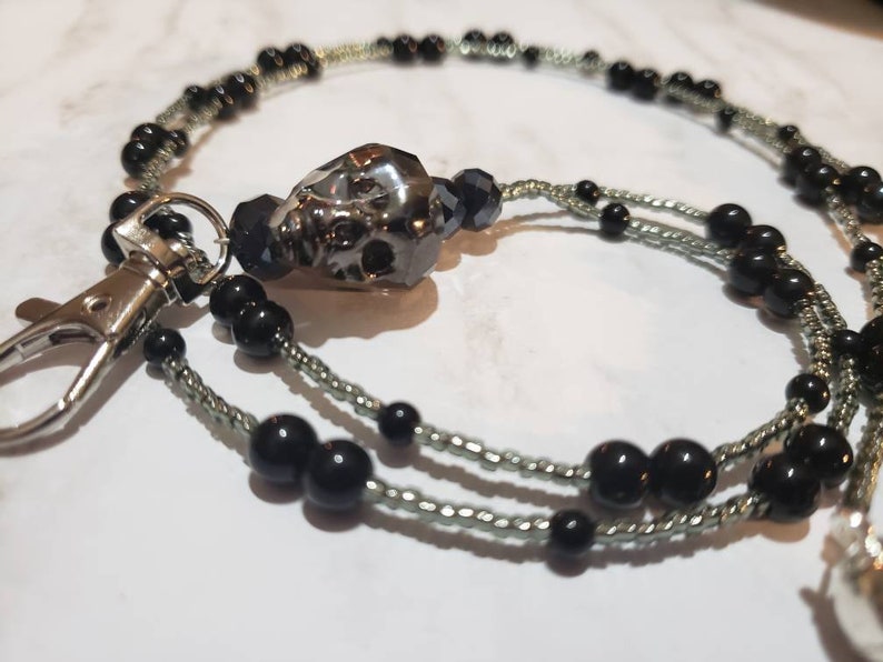 Black and hematite skull beaded Beakaway Lanyard Necklace for ID Work Badge 35