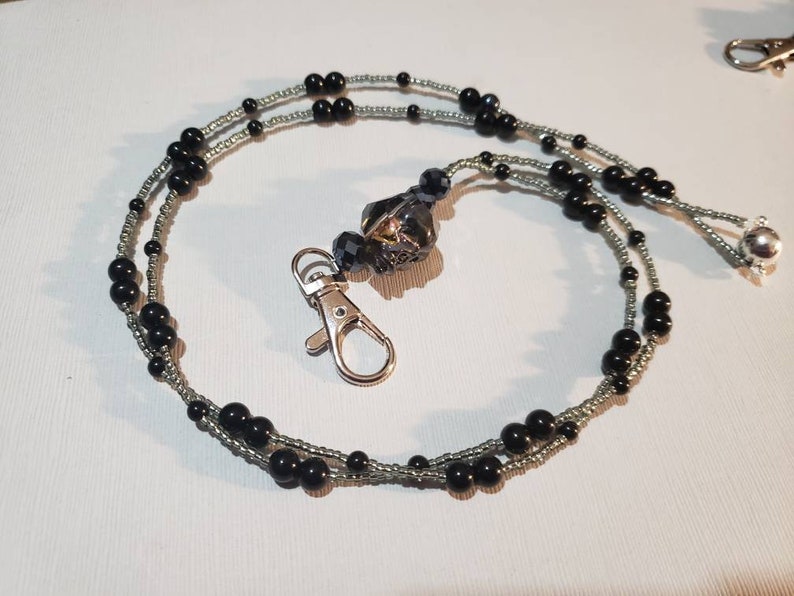 Black and hematite skull beaded Beakaway Lanyard Necklace for ID Work Badge 35