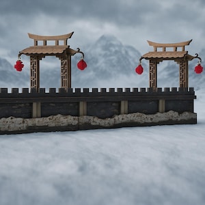 Può includere: Un muro in miniatura in stile asiatico con due archi decorativi in legno. Ogni arco ha una lanterna rossa appesa. Il muro è grigio scuro con una base marrone chiaro, su uno sfondo di paesaggio innevato e montagne.