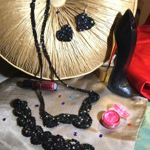 Sparkly Jewelry Ensemble, Crochet (Necklace, Earrings, Bracelet)