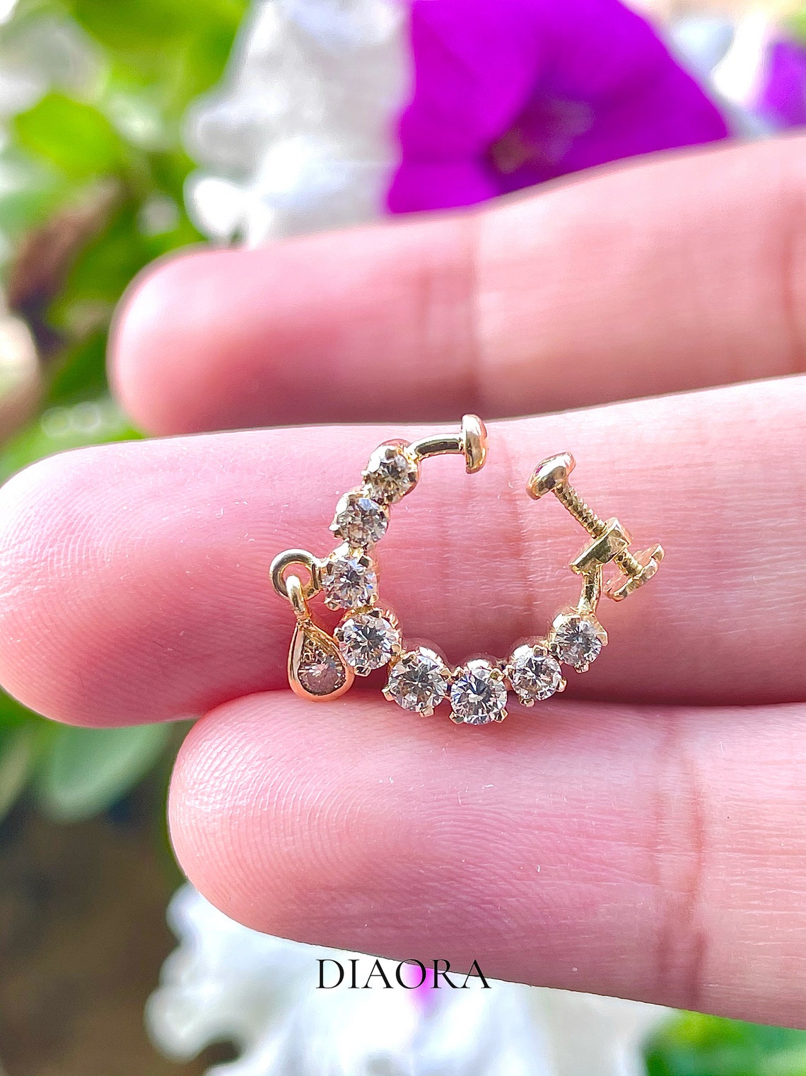 Diamond 14K Solid Gold Nose Ring, Diamond Hoop Nose Piercing, 14k Nose Ring, Septum Clicker