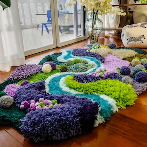 Purple Green Moss Rug Finished Products, 3D Fluffy Crochet Rugs, Handmade Carpets, Art Rugs, Irregular Household Carpets