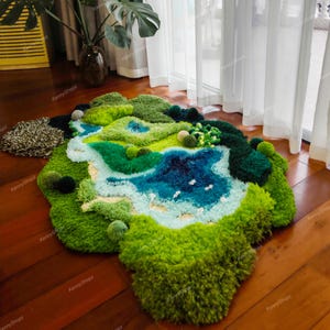 Tappeto 3D Moss River Landscape / Kit fai da te o finito / Gancio a scatto soffice / Dimensioni personalizzate