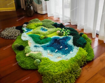 3D Moss River Landscape Rug | DIY Kit or Finished | Fluffy Latch Hook | Custom Size