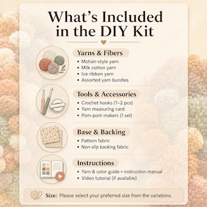 K&ouml;nnte beinhalten: Eine Infografik mit dem Titel What's Included in the DIY Kit, die den Inhalt auflistet: Mohair-Garn, Milchbaumwollgarn, Eisbandgarn, H&auml;kelnadeln, Garnmesskarte, Pompon-Maker, Musterstoff, rutschfester Stoff und eine Anleitung.