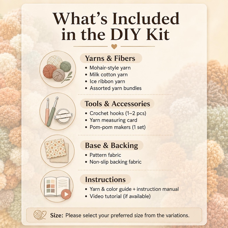 K&ouml;nnte beinhalten: Eine Infografik mit dem Titel What's Included in the DIY Kit, die den Inhalt auflistet: Mohair-Garn, Milchbaumwollgarn, Eisbandgarn, H&auml;kelnadeln, Garnmesskarte, Pompon-Maker, Musterstoff, rutschfester Stoff und eine Anleitung.