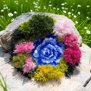 Latch Hooked Moss Coasters: 3D Nature Coasters, Green Pink Blue