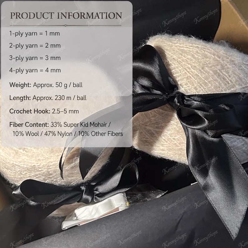 May include: Two balls of beige fuzzy yarn tied with a black satin ribbon. Text overlay lists product information: 1-ply yarn = 1 mm, 2-ply yarn = 2 mm, 3-ply yarn = 3 mm, 4-ply yarn = 4 mm, Weight: Approx. 50 g / ball, Length: Approx. 230 m / ball.