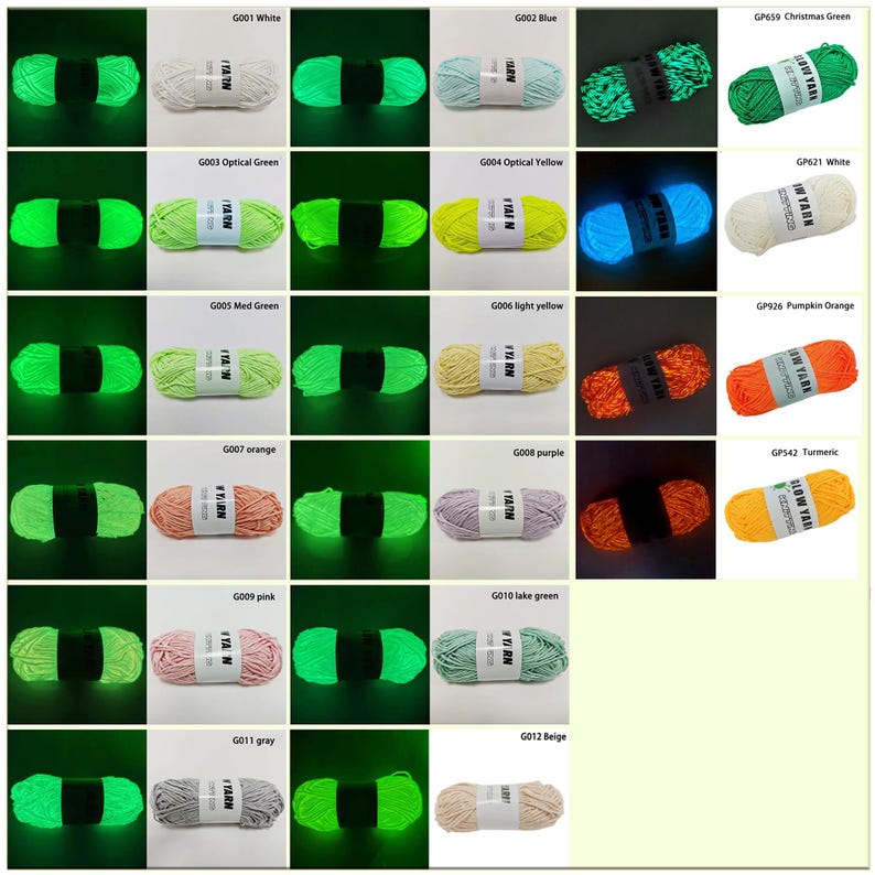 May include: A collection of glow-in-the-dark yarn skeins in various colors including white, blue, green, yellow, orange, purple, pink, and beige. Each skein features a central white paper label with the text GLOW YARN printed in black ink.