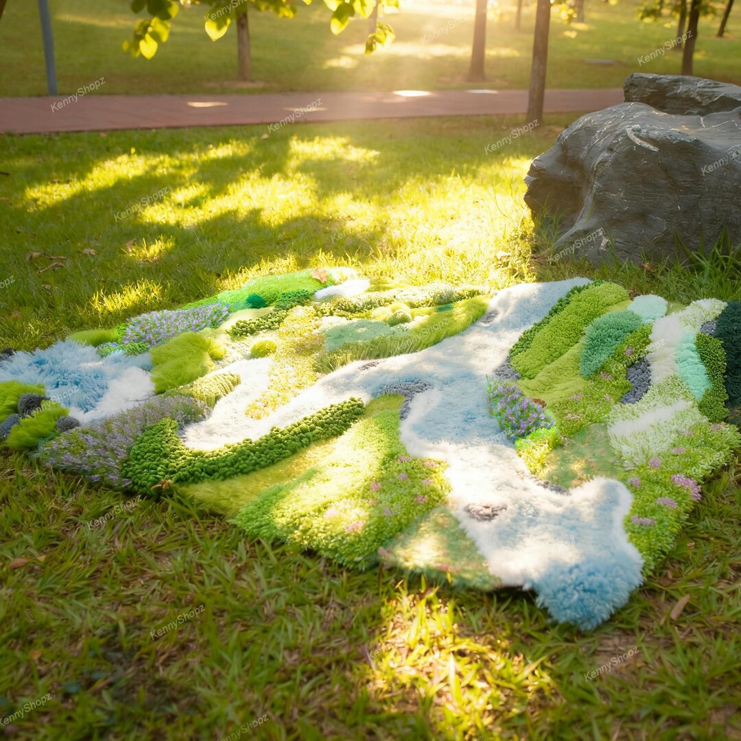 River Rug Custom Handmade 3D Moss River Landscape Rug | Latch Hook Rug | Fluffy Textured ...