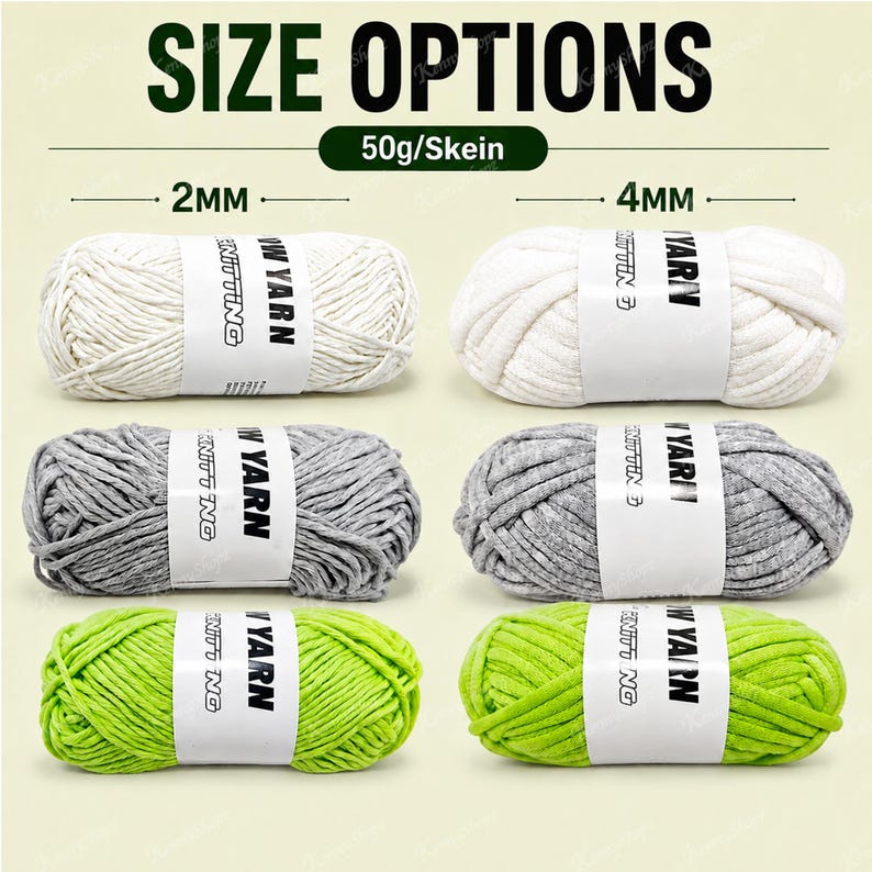 May include: Six skeins of yarn in white, gray, and lime green, each weighing 50g. The yarn is categorized by thickness with 2mm options on the left and 4mm options on the right. Each skein features a white paper band with the text YARN KNITTING.