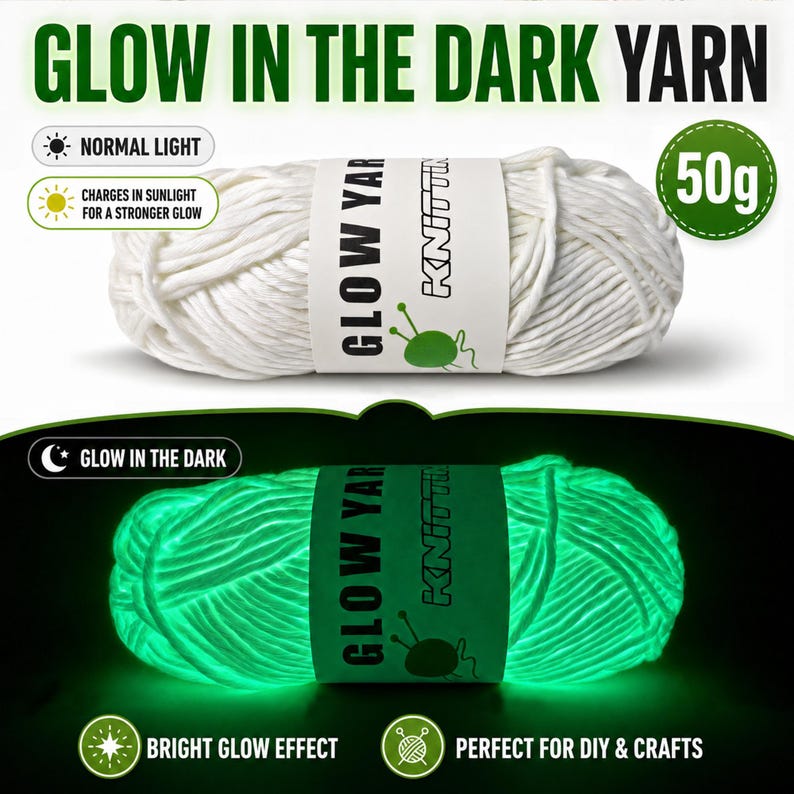 May include: A skein of white glow-in-the-dark yarn with a paper label reading GLOW YARN KNITTING. The image shows the yarn in normal light and glowing green in the dark, with a 50g weight indicator and text explaining it charges in sunlight.