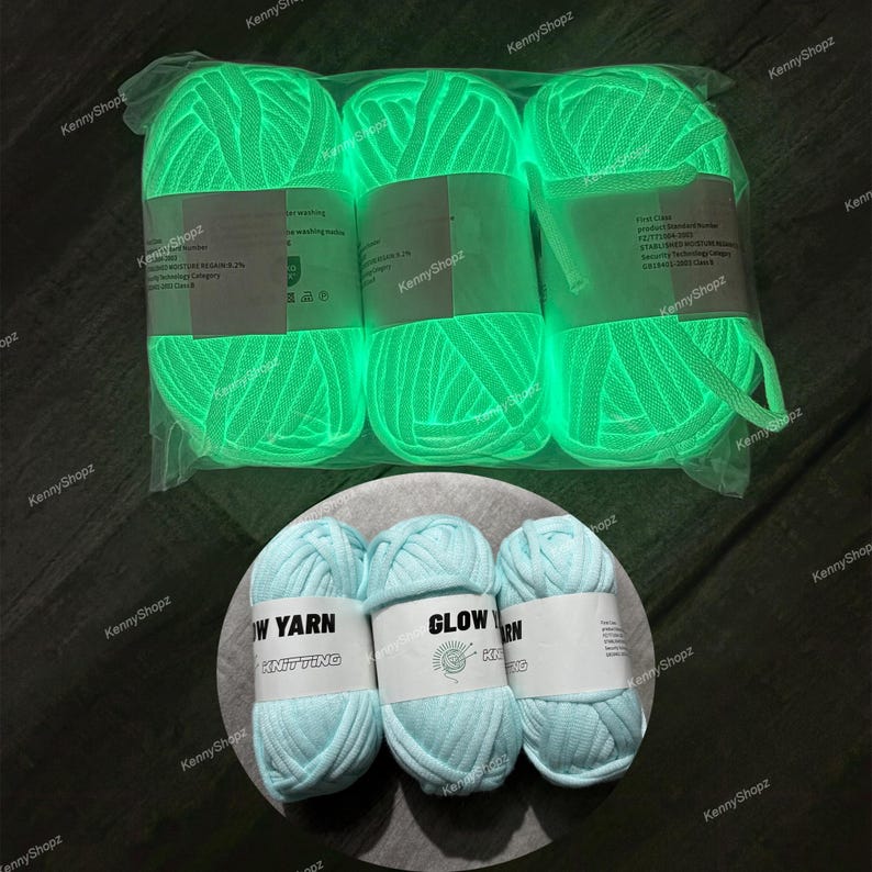 May include: Three skeins of light blue yarn in a clear plastic bag, each with a white label reading GLOW YARN KNITTING, positioned above three additional skeins of the same yarn that are emitting a bright, neon green glow in the dark.