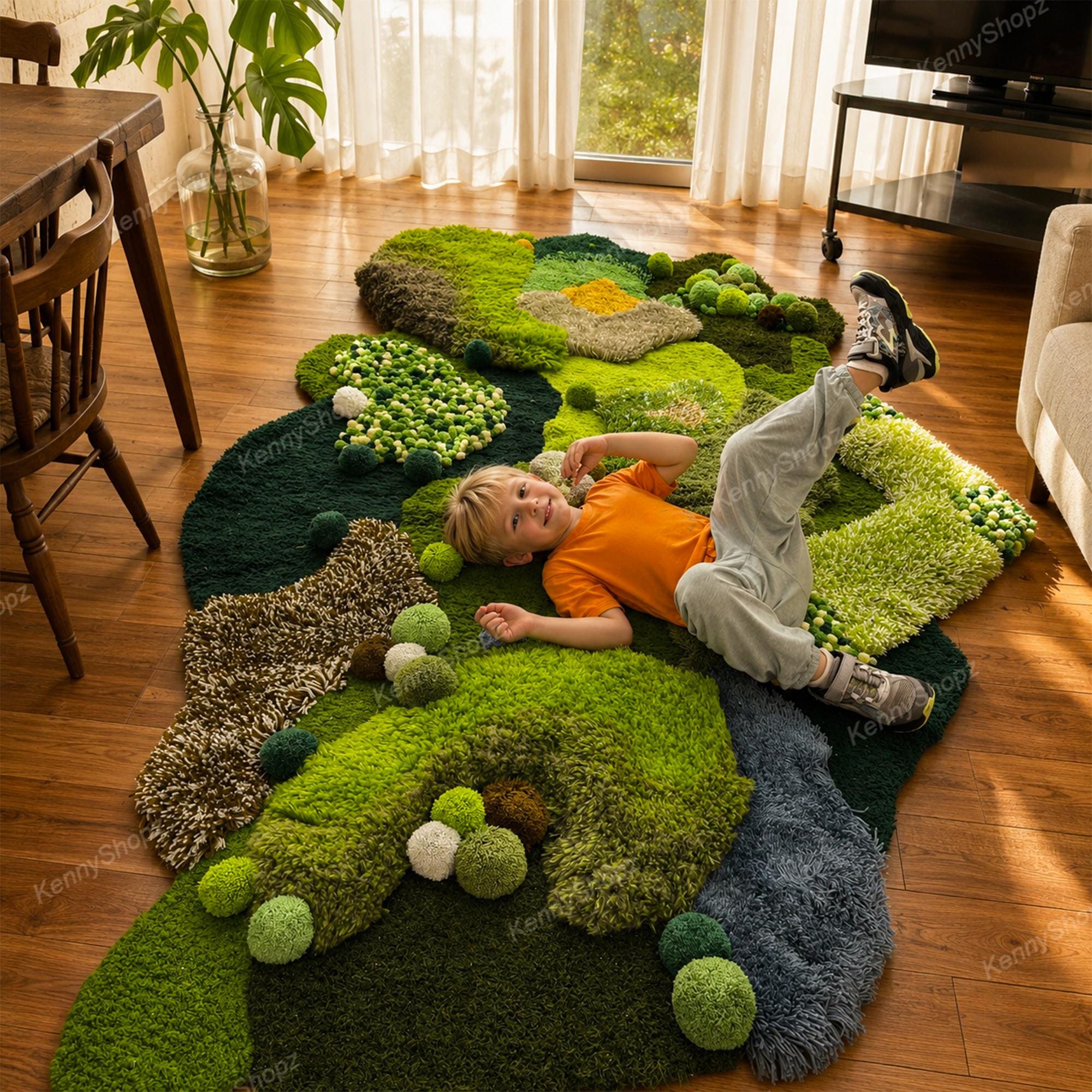 3D Moss Landscape Rug | Handmade Latch Hook | Irregular Shape