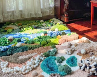 DIY Moss Rug with Ocean, Colorful Moss Rug, Garden Rug, Cozy Fluffy 3D Latch Hook Handmade Rug, Home Irregular Carpet