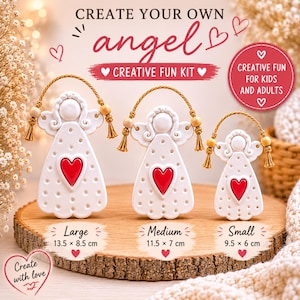 Peut inclure: Trois ornements d'ange blancs avec des cœurs rouges et des accents dorés sont présentés sur une surface en bois. Les ornements varient en taille, avec des mesures de 13,5 x 8,5 cm, 11,5 x 7 cm et 9,5 x 6 cm. Le texte indique "Create Your Own Angel Creative Fun Kit."