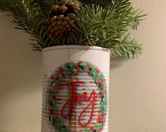 Repurposed, rustic, holiday, Christmas, can vase.
