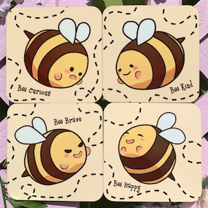 Cute Bee Coaster // Kawaii Coaster Set // Bee Kind, Bee Brave, Bee Curious and Bee Happy // Positivity Coaster // Kawaii Coasters