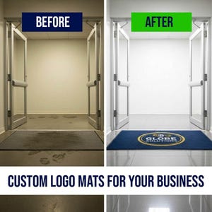 The image is a before and after comparison of a hallway with custom logo mats. The before image shows a hallway with a dirty floor, while the after image displays the hallway with a clean floor and a logo mat in the entrance.