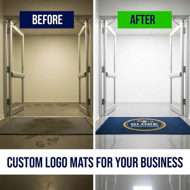 The image is a before and after comparison of a hallway with custom logo mats. The before image shows a hallway with a dirty floor, while the after image displays the hallway with a clean floor and a logo mat in the entrance.